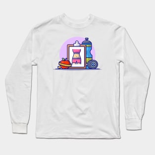 Dumbbell, Apple, And Bottle Cartoon Vector Icon Illustration Long Sleeve T-Shirt